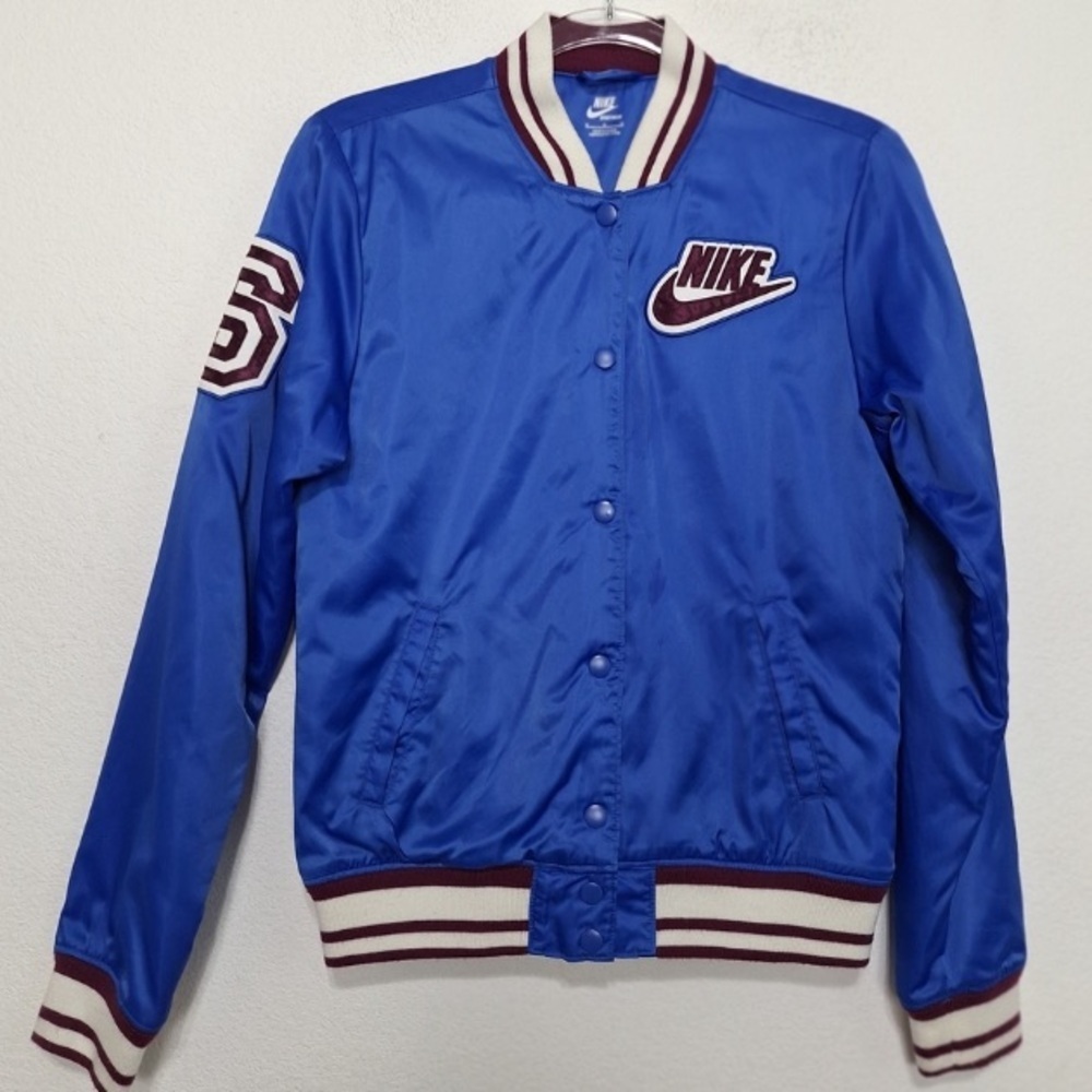 Nike Men's Blue Striped Trim Sporty Letterman Varsity Bomber Jacket Size M
